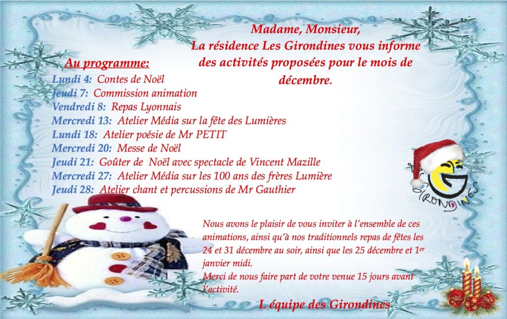 Activités du mois de décembre 2017 aux Girondines
