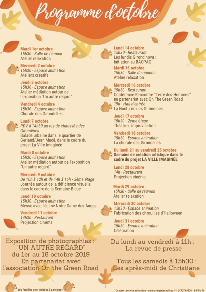 programme d'activité des Girondines pour le mois d'octobre 2018 (image jpg)